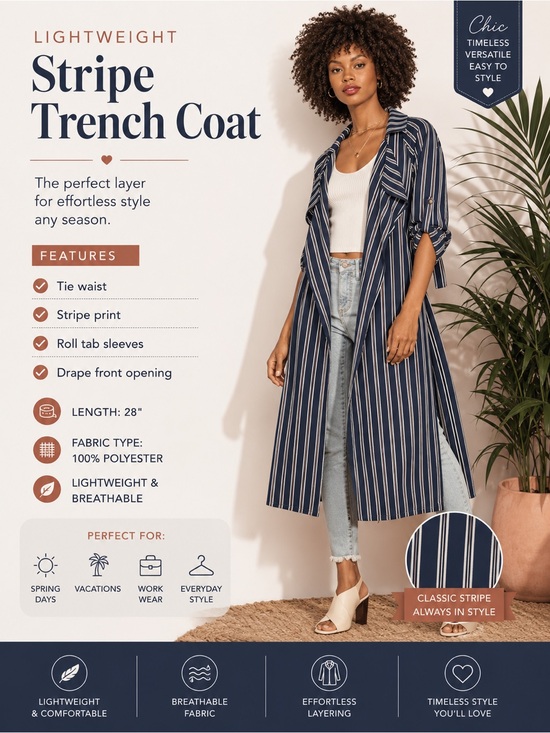 Val Marie Jackets & Blazers - Lightweight Stripe Trench Coat
